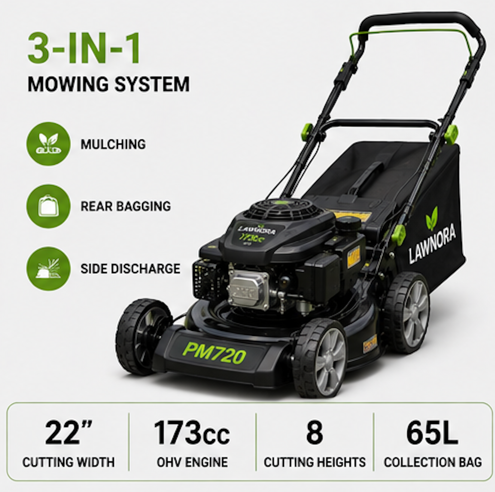 Lawnora PM720 Commercial Push Lawn Mower – 22-Inch Steel Deck, 173cc OHV Gas Engine, 3-in-1 Mulch, Bag & Side Discharge - Image 5